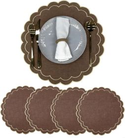 Linen Cotton Placemats Set of 4 Scalloped Flower Embroidery Place Mats 15'' Natural Linen Texture Fabric Machine Washable Table Mats for Restaurant Ki