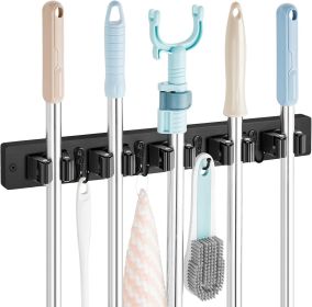 Mop and Broom Holder Wall Mount - Black Broom Mop Hanger - Wall Mounted Garden Tool Rack Organizer for Closet Garage Laundry Room Kitchen Decor W